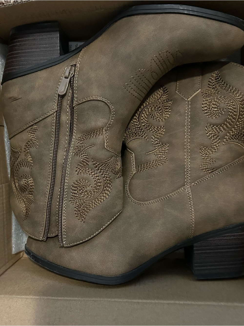 Taupe Embroidered Western Ankle Boots with Side Zip